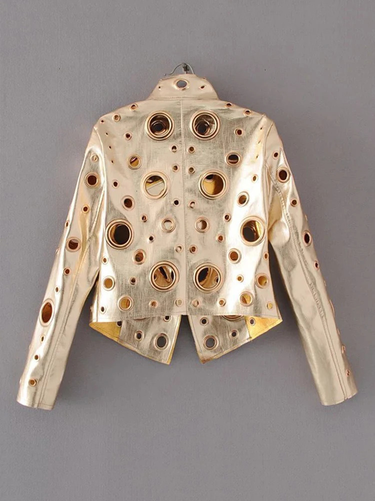 Women's Jackets 2023 Spring Personality PU Round Hole Women Jacket Gold Black Silver Color Stand Collar Long Sleeve Coat Leather Clothing Top 231