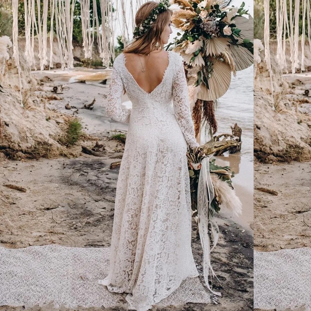 Romantic Full Lace Wedding Dresses Long Sleeve V Neck Beach Bridal Gowns Bohemia Country Bride Dress Vestidos De Noiva