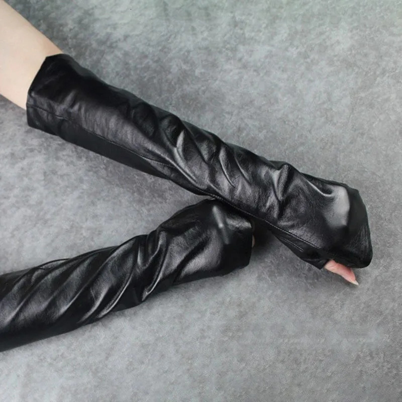 Five Fingers Gloves EAM Women Black Long Elegant Pu Leather Personality Fashion Allmatch Spring Autumn 2023 1DH1981 231010