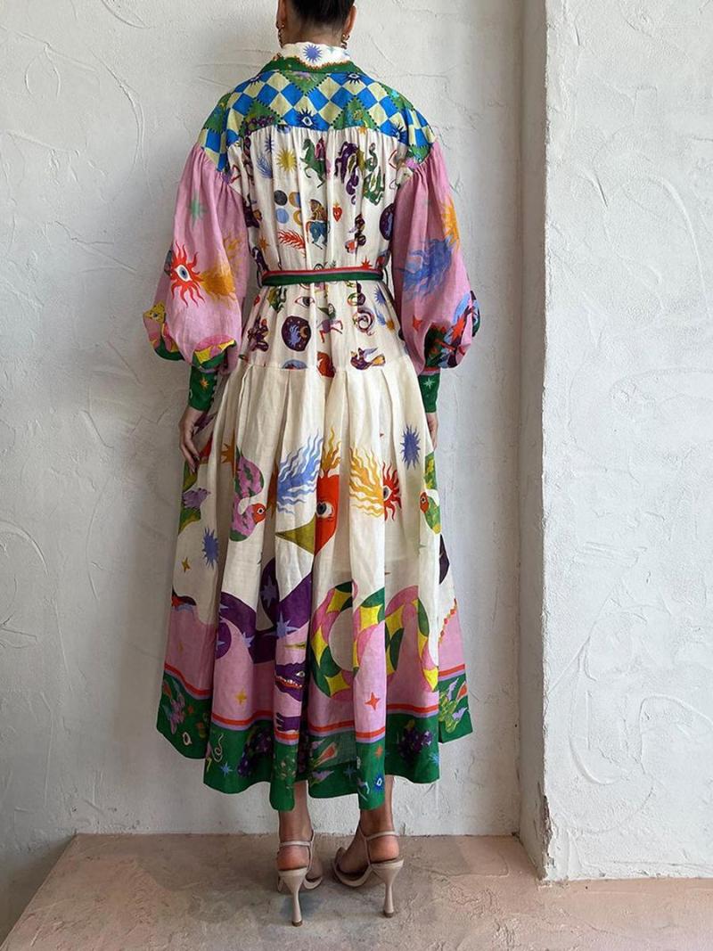 Casual Dresses Women S Vintage French Dress Graphic Pattern Long Lantern Sleeve Button Front Lapel Midi Swing With Belt