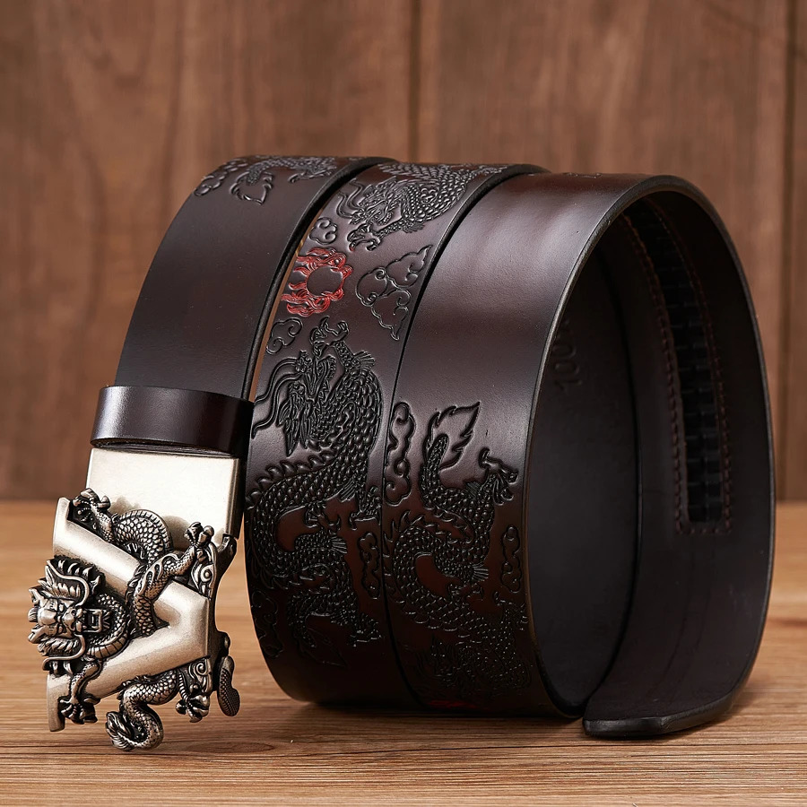 Other Fashion Accessories Male China Dragon Belt Cowskin Genuine Leather Belt for Men Carving Dragon Pattern Automatic Buckle Belt Strap For Jeans 231
