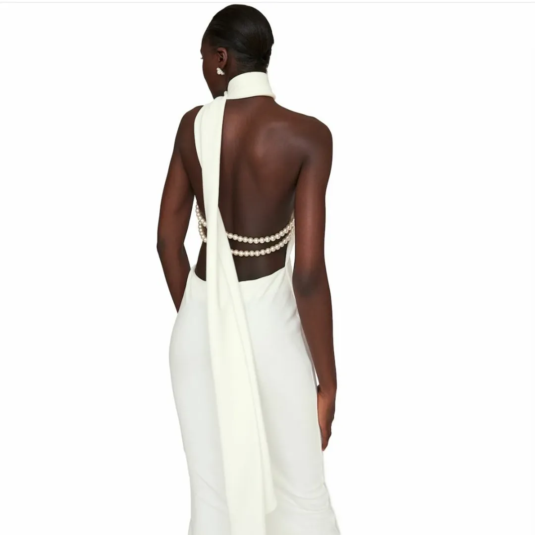 Long Halter Neck Crepe Wedding Dresses Open Back with Slit Sheath Floor Length Bridal Gowns for Women