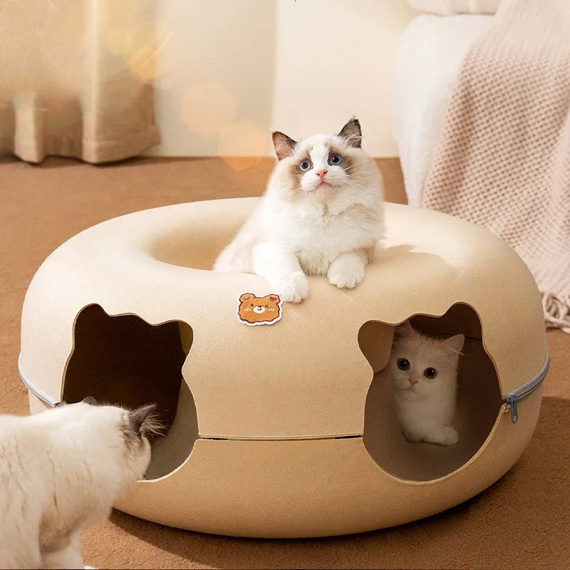 Cat Beds Furniture Cat Tunnel Bed 2 Holes Cats Hiding House All Seasons Felt Zipper Kitten Nest Basket Detachable Round Pet Play Tunnels Tube Toys 231