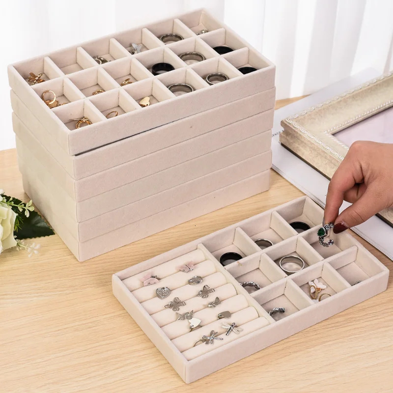 Jewelry Boxes Velvet Tray Storage Drawer Small Stackable Beige Organizer Insert Durable Display Earring Ring Case 231011