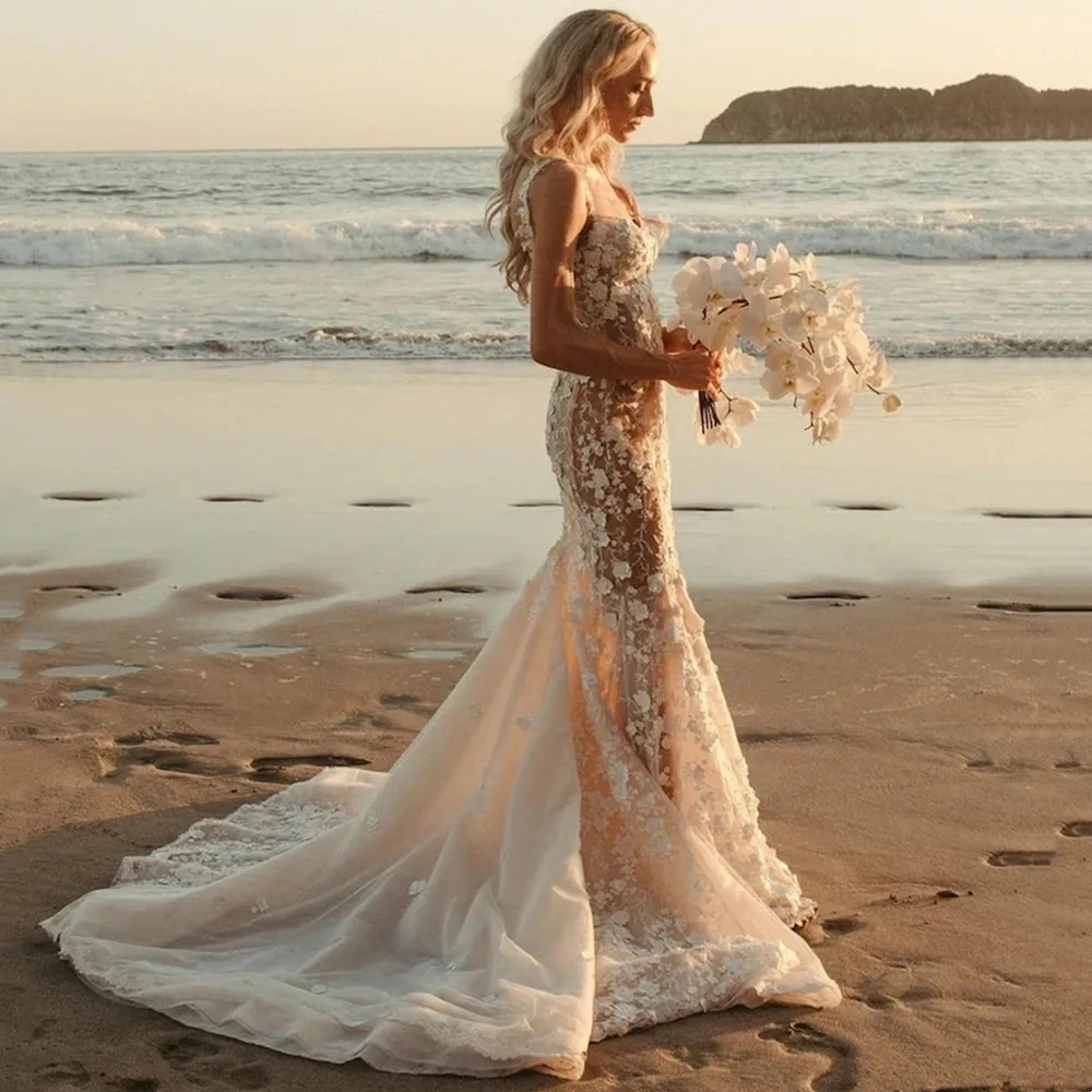 Sexy Ral Mermaid Wedding Dresses 3D Lace Appliques Backless Beach Sleeveless Bride Gown Sweep Train Robe De Mariee 6660312