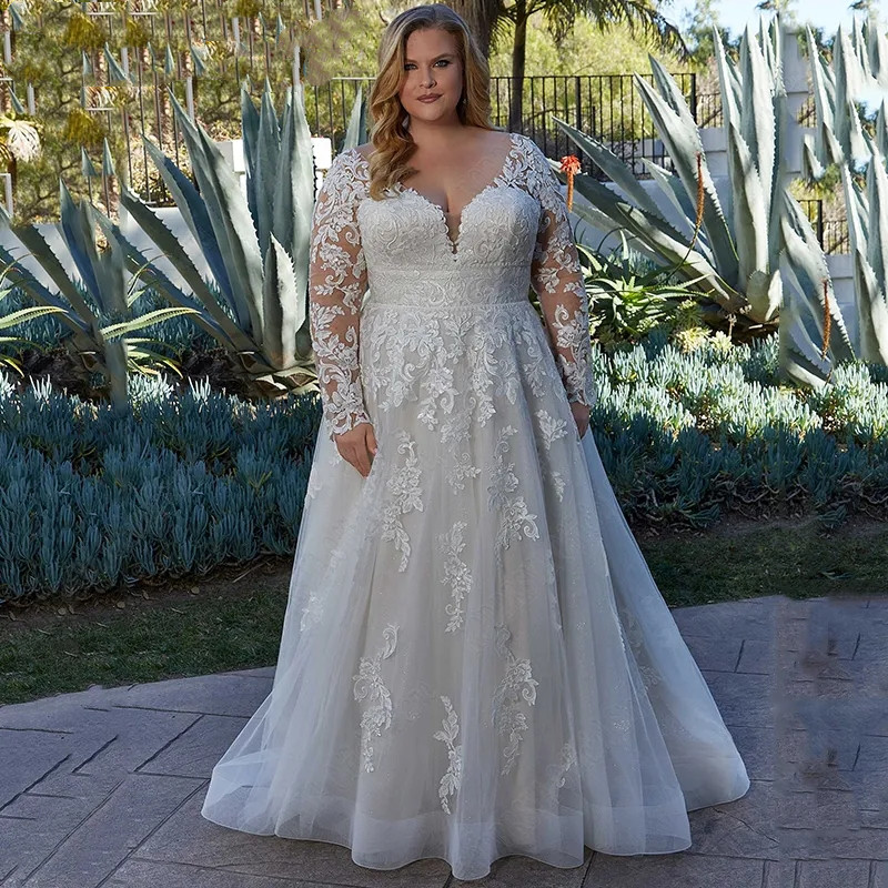 Elegant Wedding Dresses For Woman Plus Size Long Sleeves Applique Bride Gowns A-Line V-Neck Tulle Vestidos de Novia 01