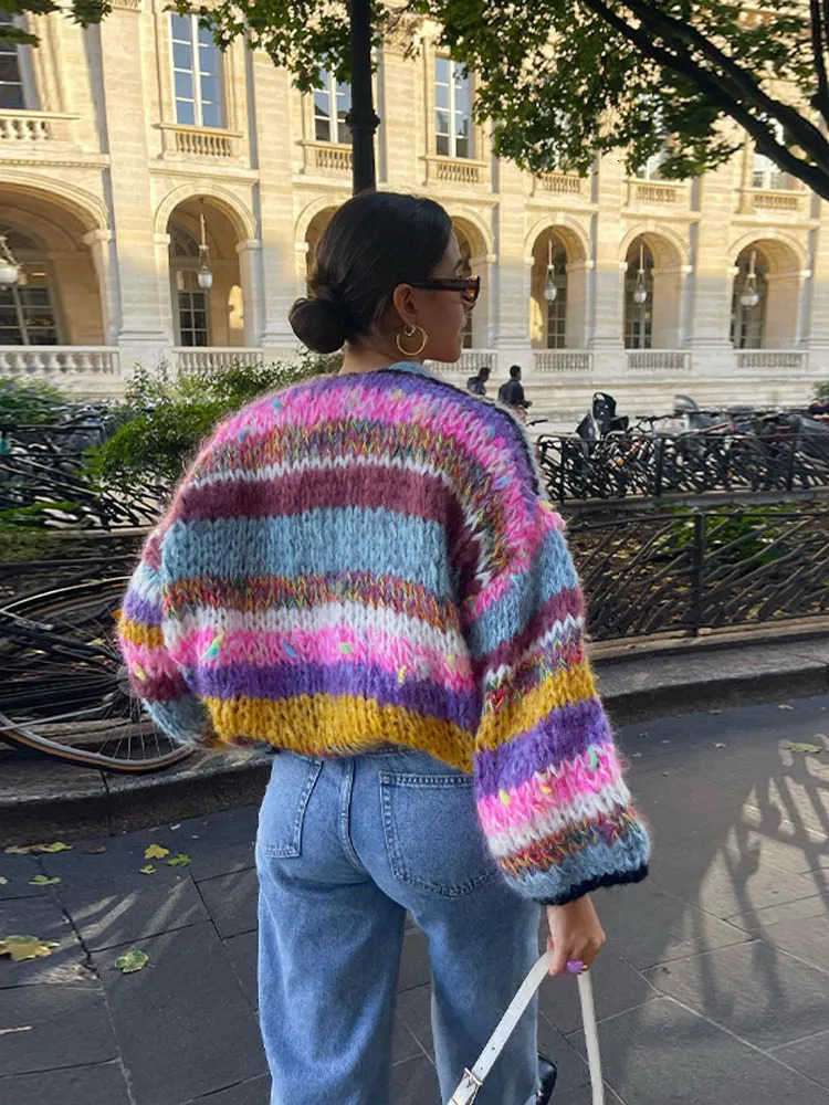 Women's Wool Blends Colorful Striped Crochet Knitted Sweaters Sweet Lantern Sleeve Loose Short Cardigan Autumn Fashion Streetwear Knitwears 23101