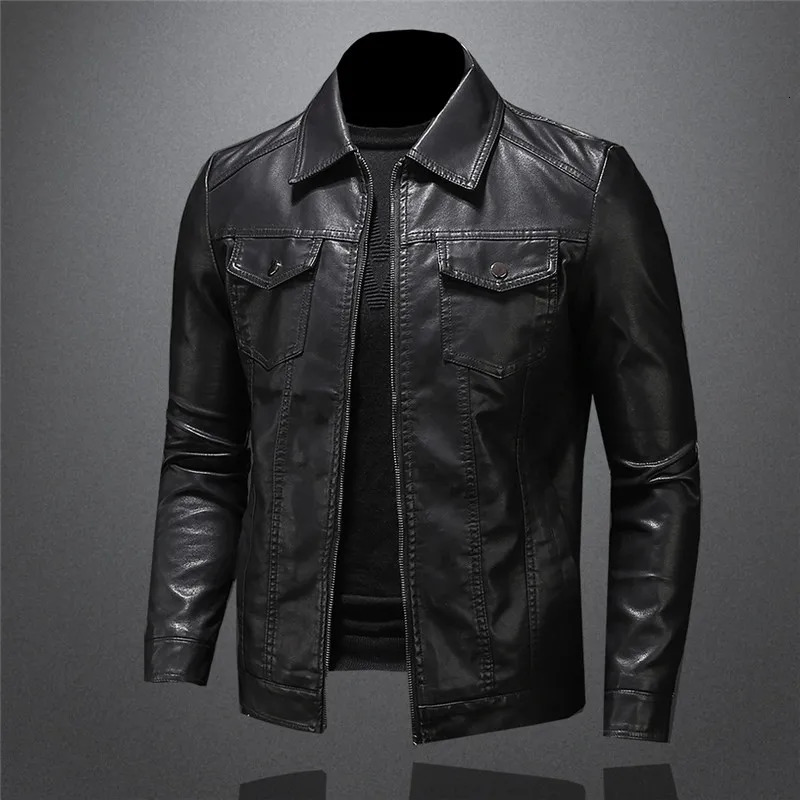 Men's Leather Faux Leather Men's Motorcycle Leather Jacket Large Size Pocket Black Zipper Lapel Slim Fit Male Spring and Autumn High Quality