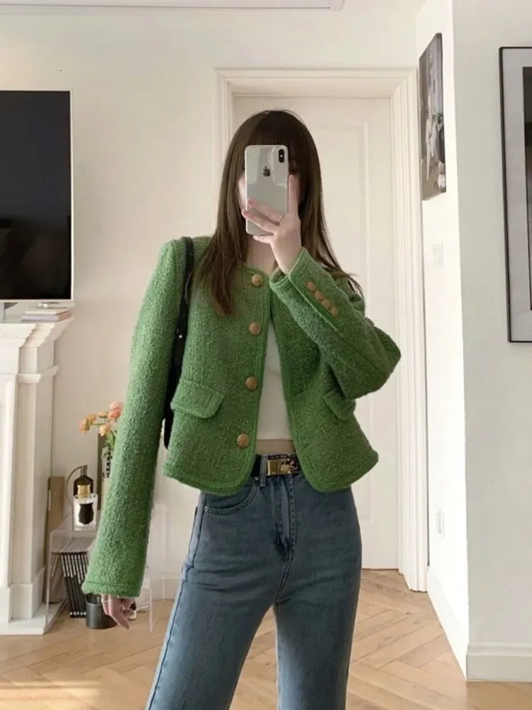 Women's Jackets Women Green Tweed Cropped Jackets O Neck Long Sleeve Office Lady Short Coats Female Autumn Winter Korean Fashion Jackets Outwear 