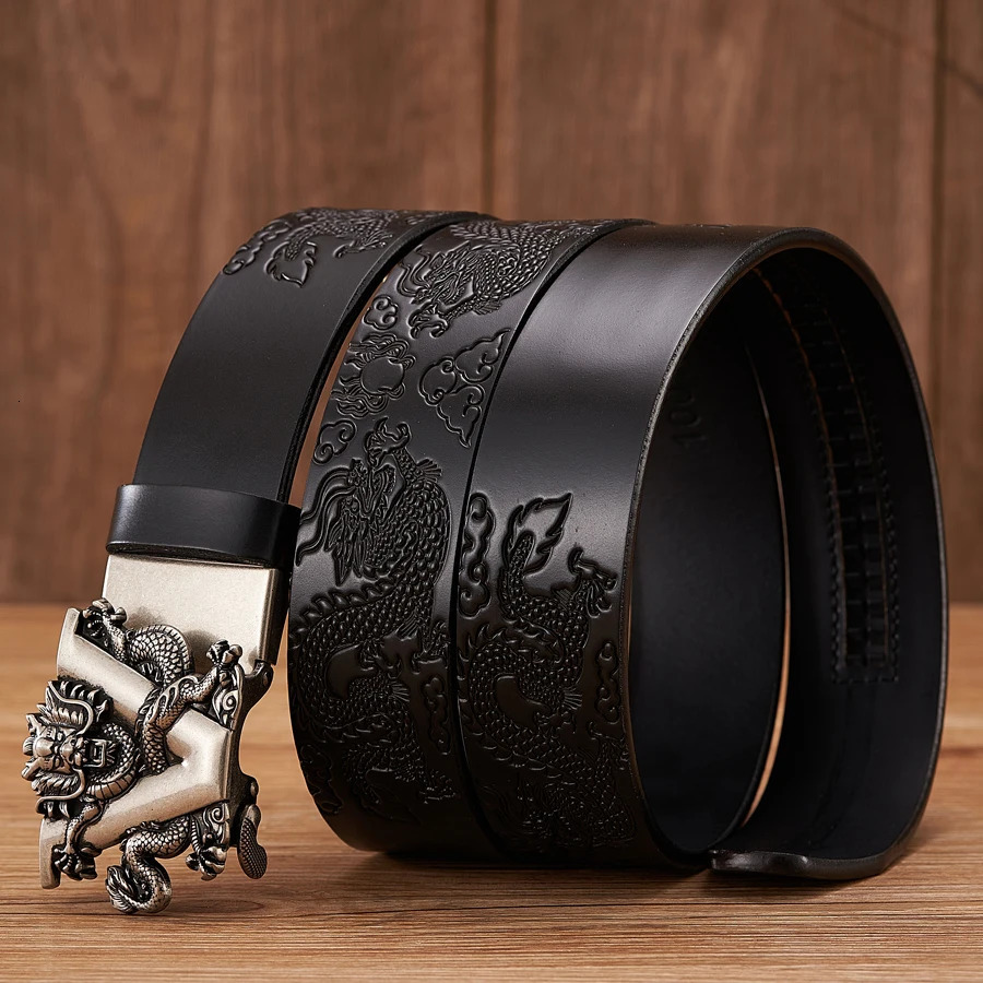 Other Fashion Accessories Male China Dragon Belt Cowskin Genuine Leather Belt for Men Carving Dragon Pattern Automatic Buckle Belt Strap For Jeans 231