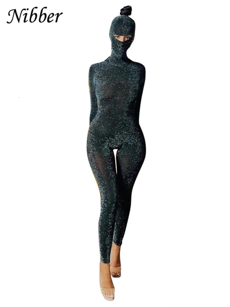 Women's Jumpsuits Rompers Nibber Glitter Silk Mask Playsuits 2 Two Pieces Jumpsuits For Womens Sexy Backless Club Party Wear Long Sleeve Outfit 2