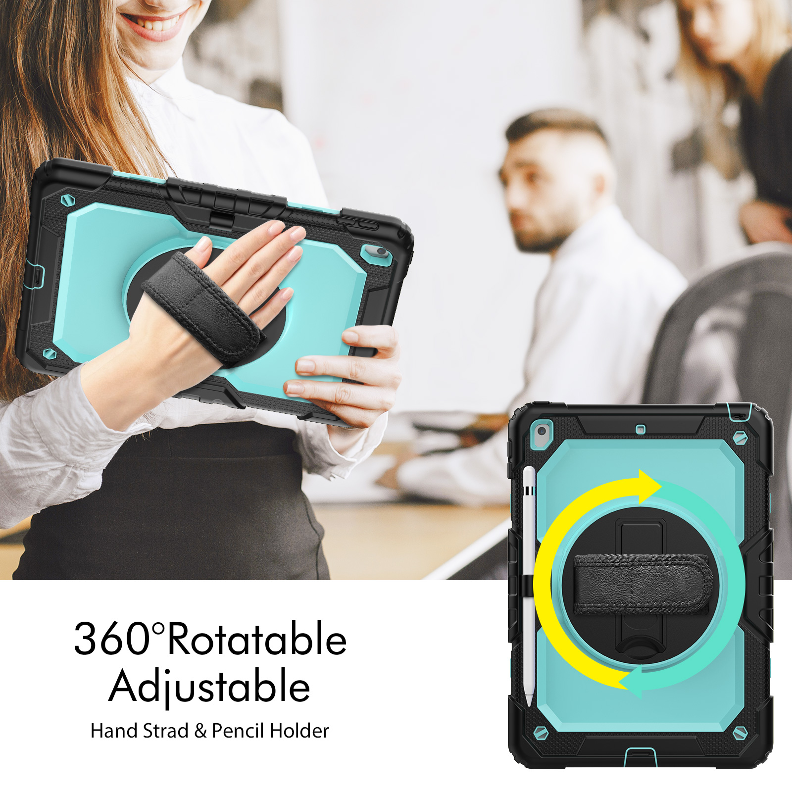 Shockproof Kids Case For iPad Pro 9.7 10.5 10.2 inch 7th/8th/9th Gen Hand Strap 360 Rotating Stand Silicone Armor Rugged Tablet Cover with PET Screen 