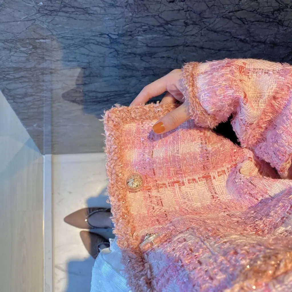Women's Jackets Heavy Industry Pink Woven Tweed Coat Female Temperament Crew Neck Long Sleeve Buttons Woolen Jacket Autumn Clothes 231010