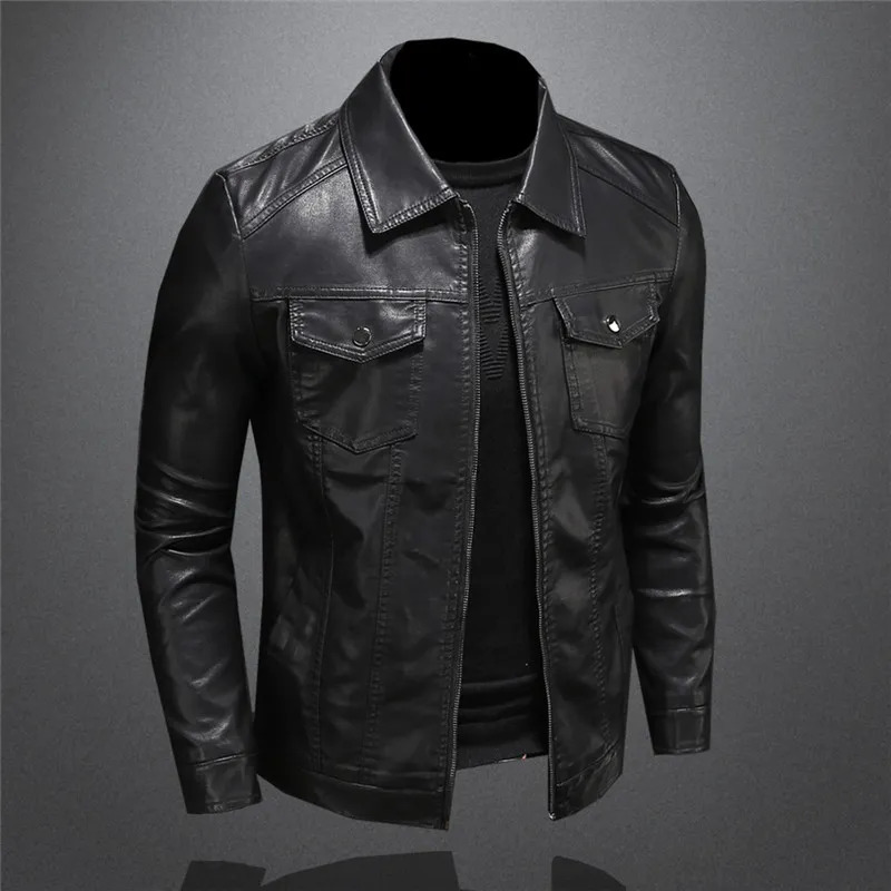 Men's Leather Faux Leather Men's Motorcycle Leather Jacket Large Size Pocket Black Zipper Lapel Slim Fit Male Spring and Autumn High Quality