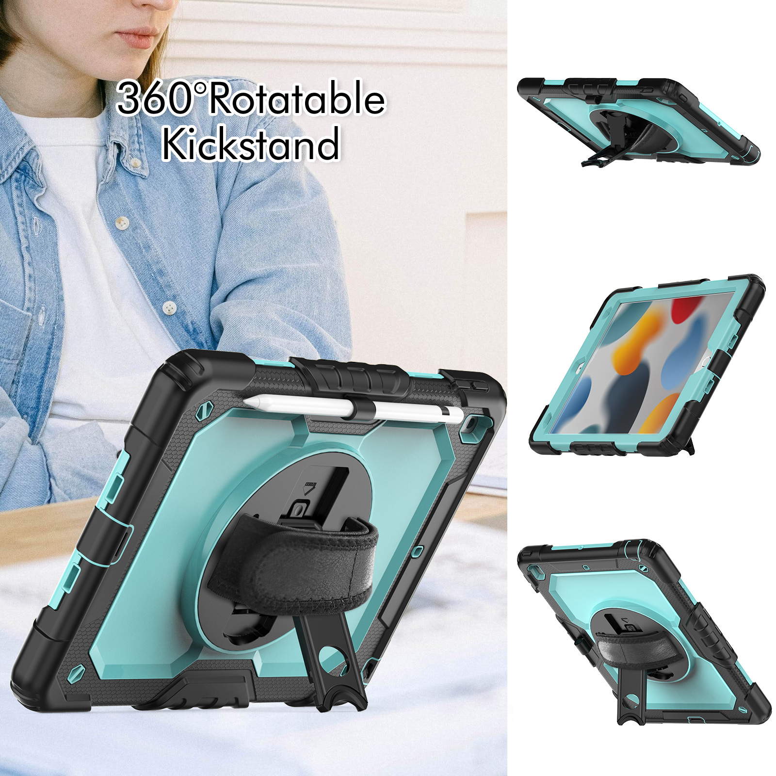 Shockproof Kids Case For iPad Pro 9.7 10.5 10.2 inch 7th/8th/9th Gen Hand Strap 360 Rotating Stand Silicone Armor Rugged Tablet Cover with PET Screen 