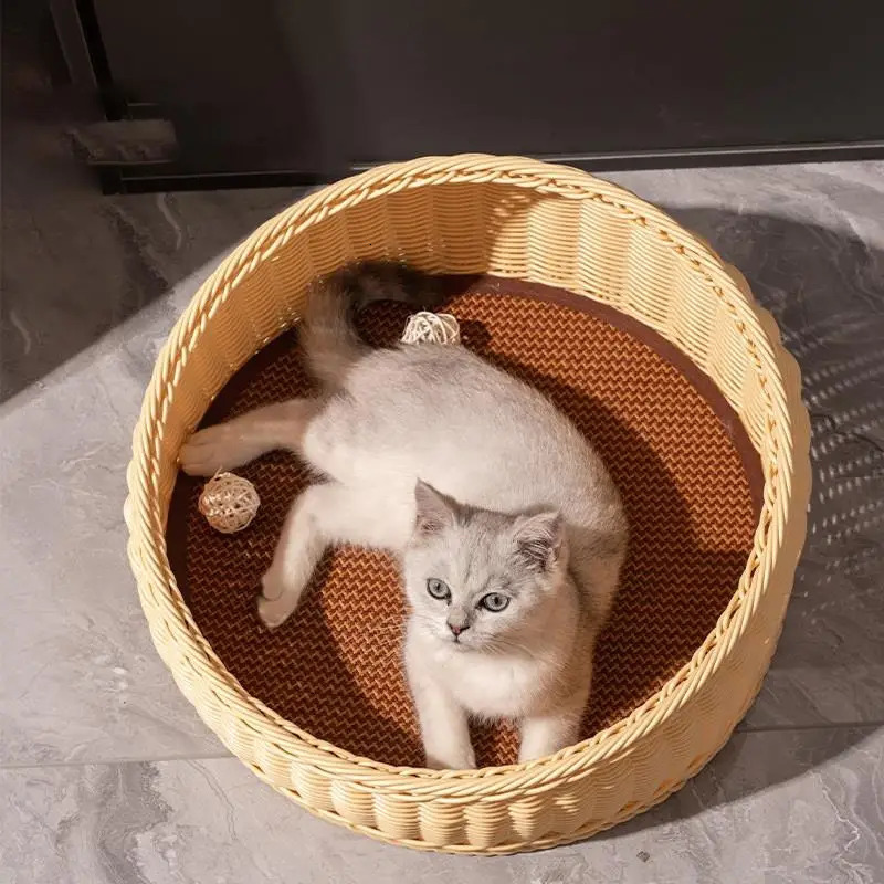 Cat Beds Furniture Rattan Cat Nest Four Seasons Universal Open Cat House Cat Bed Summer Cat Cool Nest Hand-woven Cat Supplies 231011