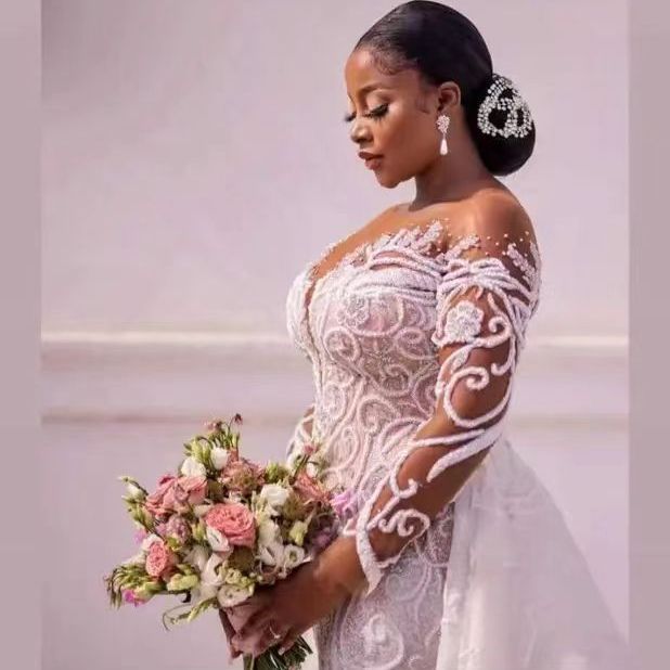 2023 arabic Elegant Mermaid Wedding Dresses Long Sleeve Bridal Gowns Beads Lace Applique Nigerian Arabic Marriage Dress Robe De Mariee Princess Celebr