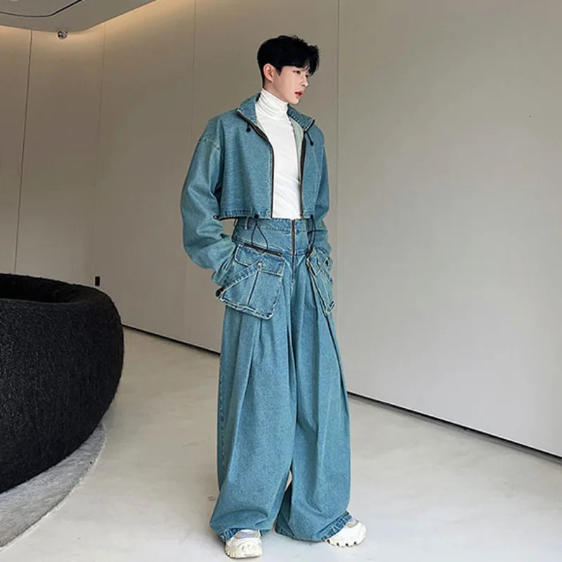 Men's Tracksuits NOYMEI Washed Old Silhouette Denim Two Pieces Set Solid Color Men Short Zipper Jacket Straight Wide Leg Pants Korean WA2425 2310