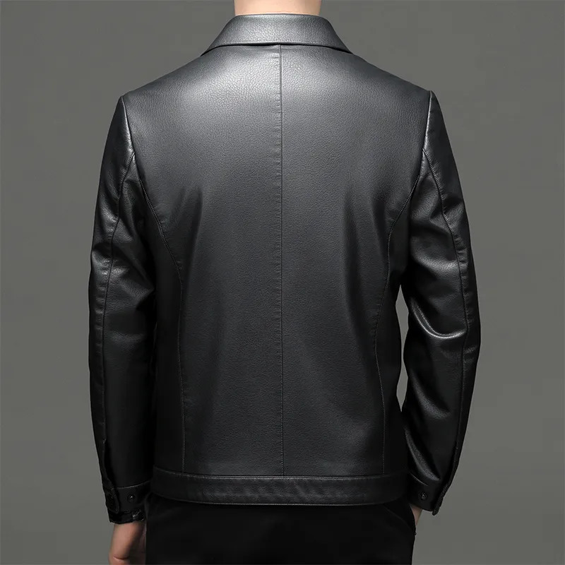 Men's Leather Faux Leather YN-2335 Spring and Autumn Men's Genuine Leather Polo Mock Neck Jacket Fashion Slim Sheepskin Coat Black Grey Husb