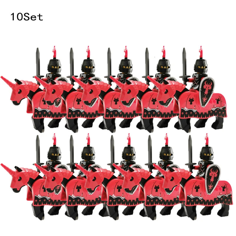 Blocks 10 Sets Vintage Castle Kingdoms Red Dragon Royal Knights Horse Dark Blue Lion Army Solider Minifig Building Block Toys for Kids 231010