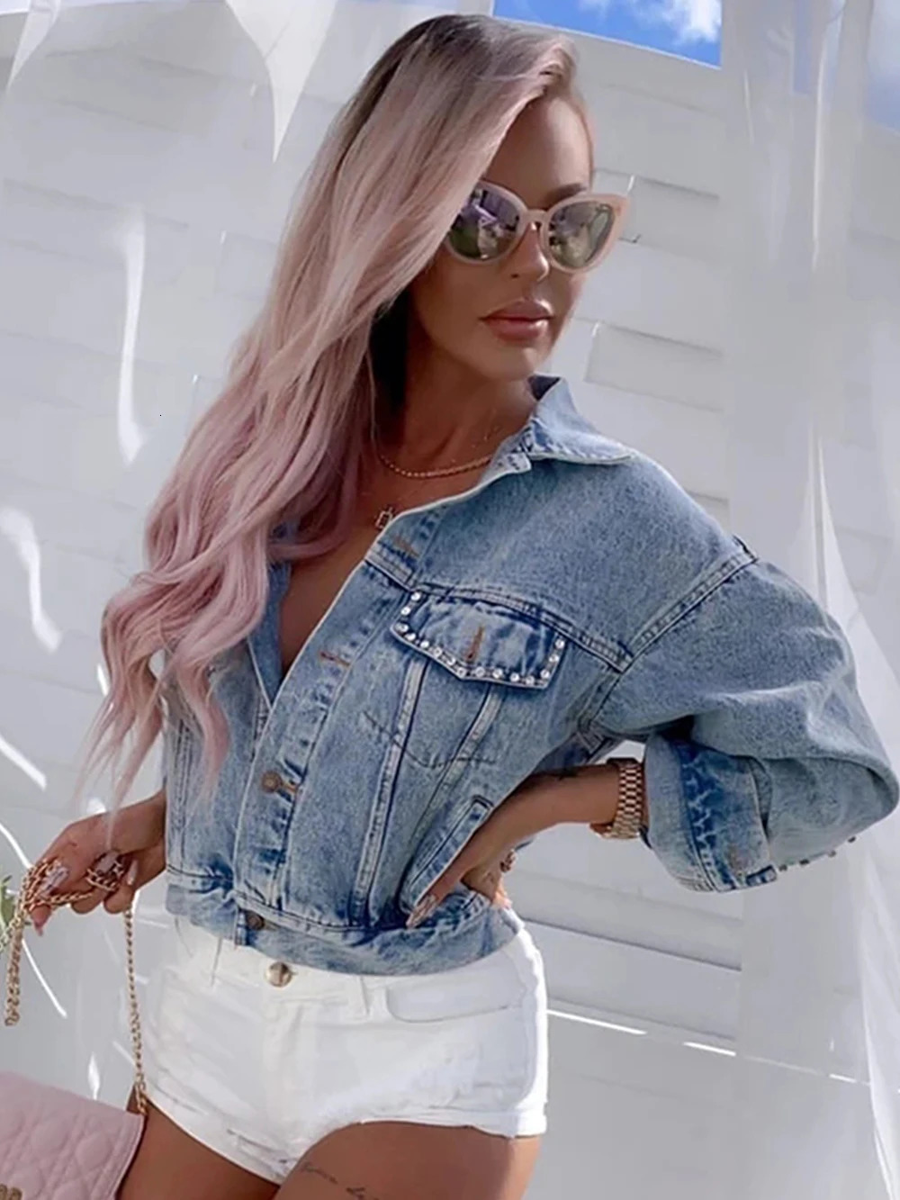 Women's Jackets Denim Jacket Female Light Blue Diamond Tassel Coat Single-Breasted Open Back Women Jeans Coat Autumn Fashion Clothing 231010