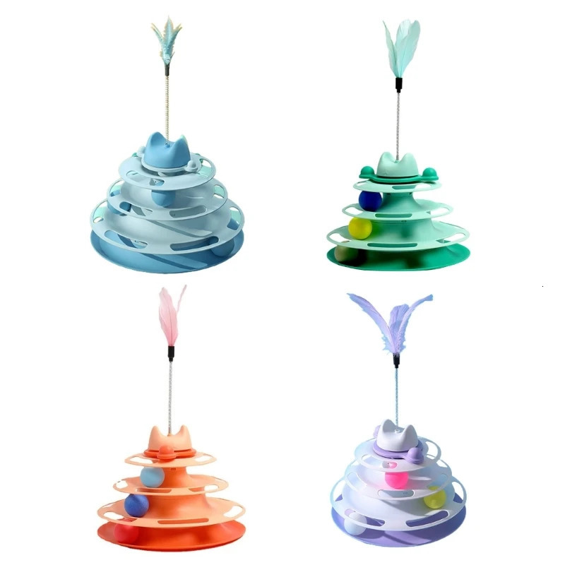 Cat Toys Cat Feather Toy Kitten Roller Track Balls Cats Tower Toy Balls Interactive Cats Toy Indoor Turntable Toy for Boredom Cat 231011
