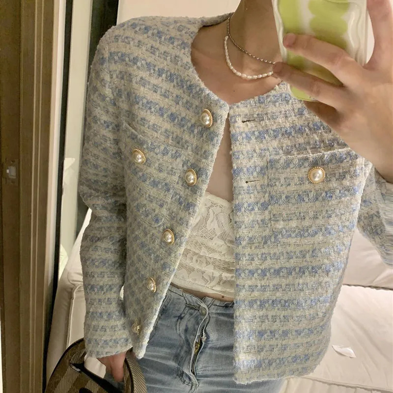 Women's Jackets Light Blue Tweed Striped Jackets For Women Temperament Tunic Vintage Korean Fashion Coat Crop Tops Womens Clothing Clothes 231010