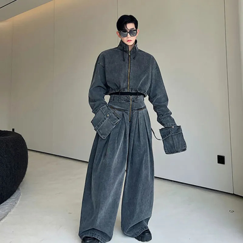 Men's Tracksuits NOYMEI Washed Old Silhouette Denim Two Pieces Set Solid Color Men Short Zipper Jacket Straight Wide Leg Pants Korean WA2425 2310