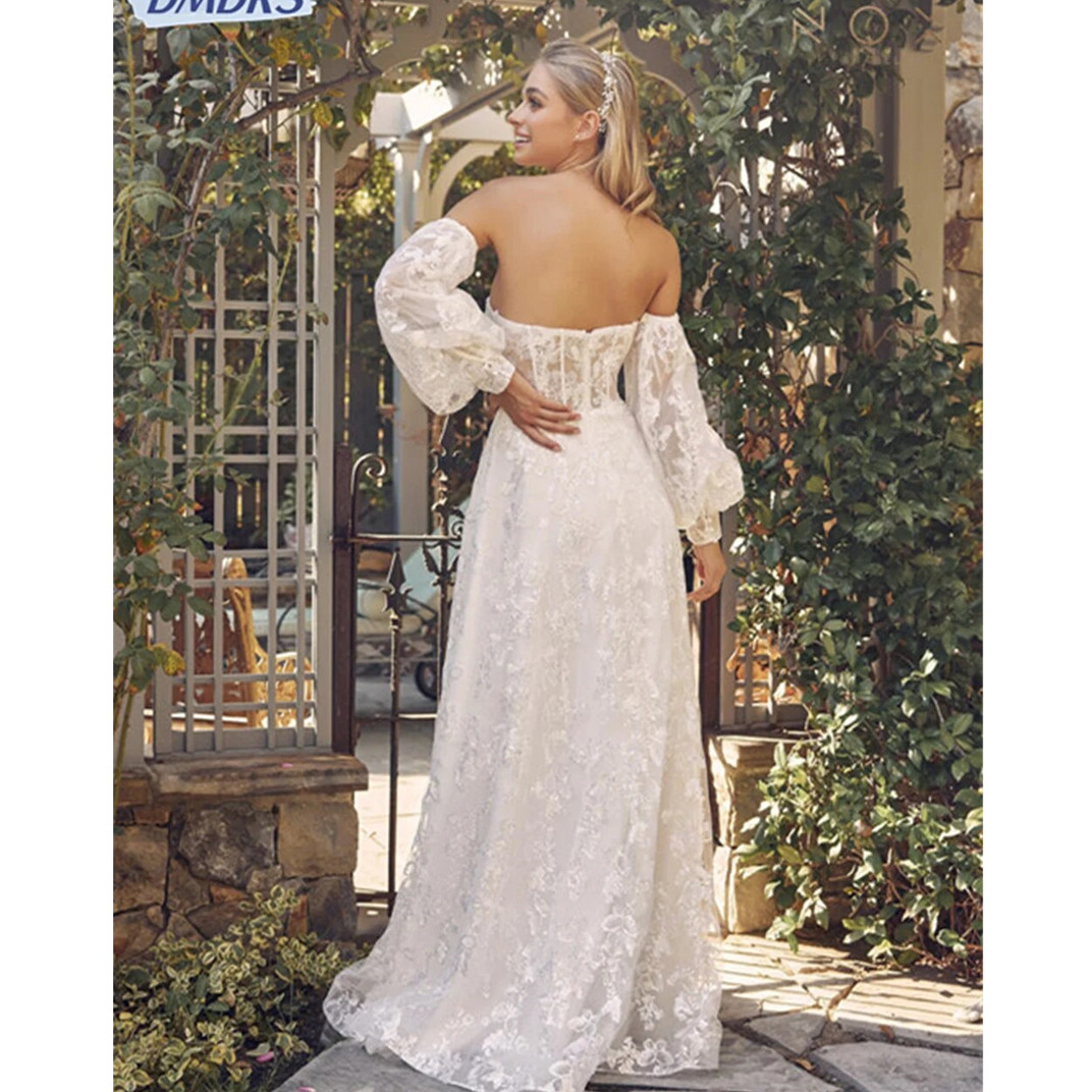 Luxurious Off-The-Shoulder Floor-Length Gowns Elegant Lace Bridal Gown Classic Chiffon Wedding Dress Vestido De Noiva