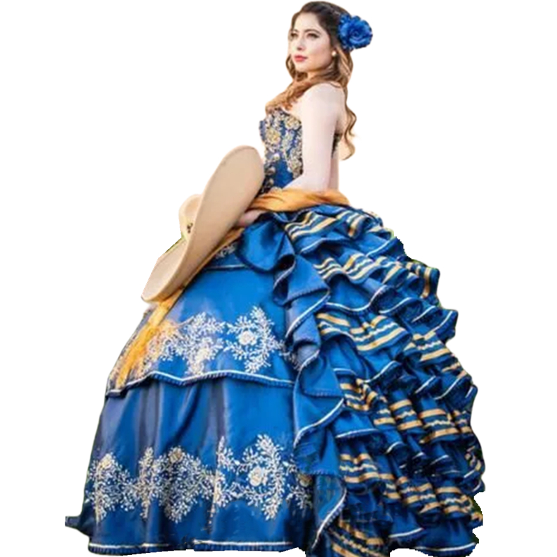 Vintage Blue Quinceanera Dresses Tiered Ruffles Victorian Bustle Prom Special Occasion Gowns Gold Appliques Lace-Up Plus Size Sweetheart Sweet 16 Part