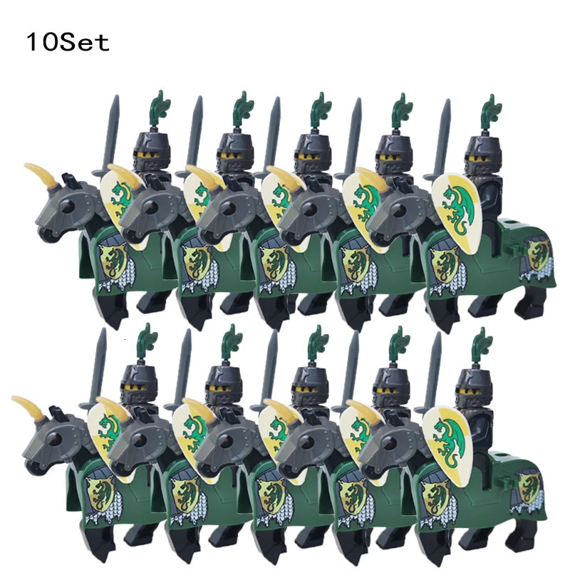 Blocks 10 Sets Vintage Castle Kingdoms Red Dragon Royal Knights Horse Dark Blue Lion Army Solider Minifig Building Block Toys for Kids 231010