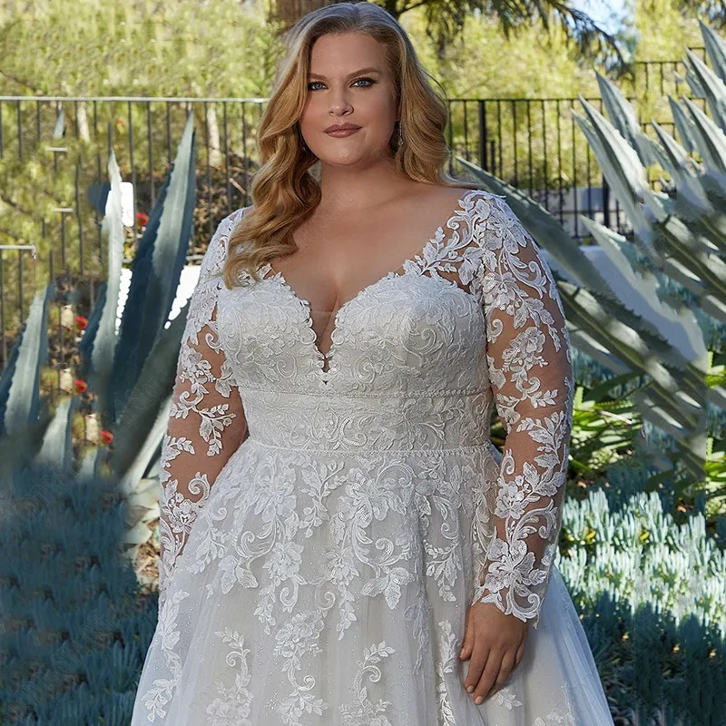 Elegant Wedding Dresses For Woman Plus Size Long Sleeves Applique Bride Gowns A-Line V-Neck Tulle Vestidos de Novia 01
