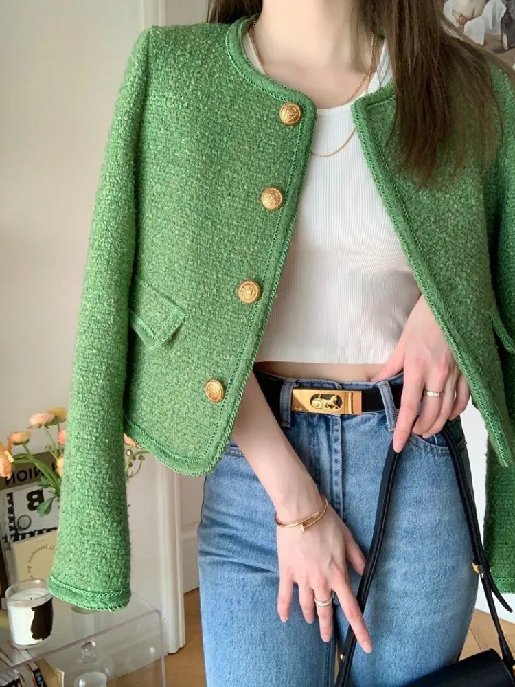 Women's Jackets Women Green Tweed Cropped Jackets O Neck Long Sleeve Office Lady Short Coats Female Autumn Winter Korean Fashion Jackets Outwear 
