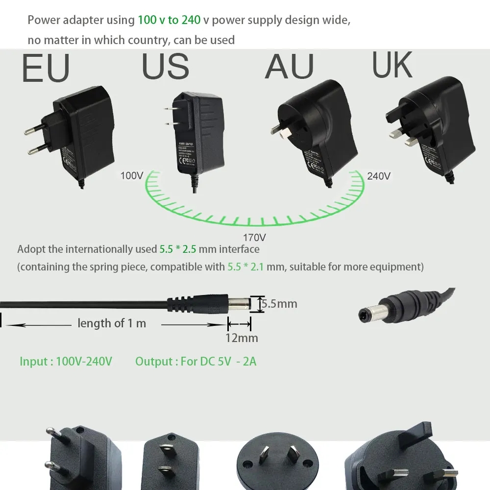 US Plug Power Adapter Output DC 5V 2A 2000mA input AC 100V-240V Power Supply 5.5mm 2.1mm for MXQ mxqpro X96 mini Max Mate A95X H96 T95 X96Q TV BOX 220