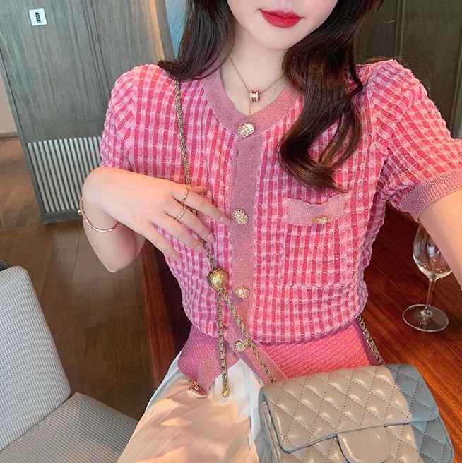 Womens elegant lurex short sleeve knitted tees sweater tops SMLXL