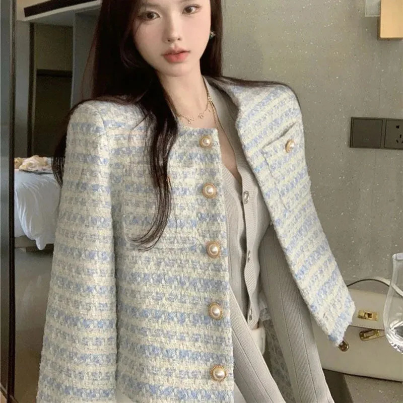 Women's Jackets Light Blue Tweed Striped Jackets For Women Temperament Tunic Vintage Korean Fashion Coat Crop Tops Womens Clothing Clothes 231010