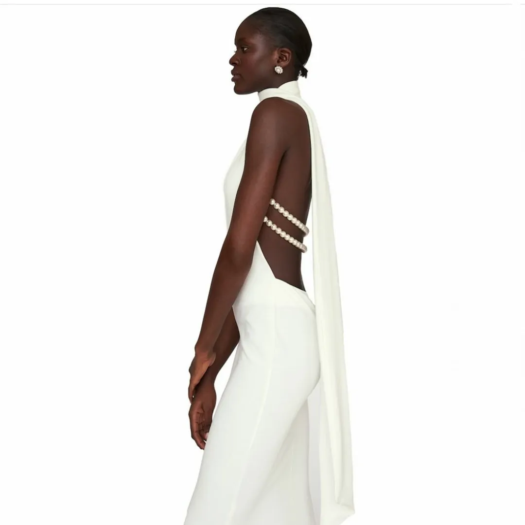 Long Halter Neck Crepe Wedding Dresses Open Back with Slit Sheath Floor Length Bridal Gowns for Women
