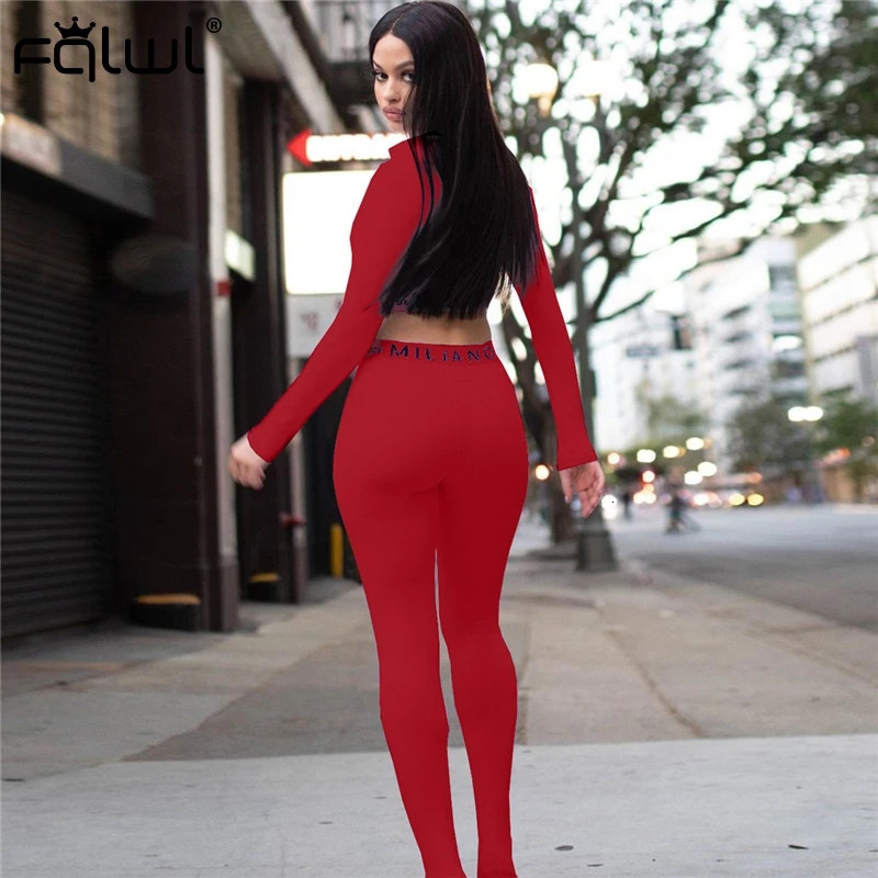 Women's Two Piece Pants FQLWL Streetwear White Pink 2 Two Piece Set Women Outfits Fitnesss Long Sleeve Crop Top Leggings Women Ladies Tracksuit F