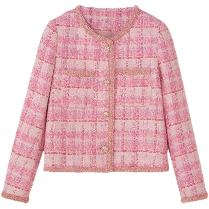 Women's Jackets Heavy Industry Pink Woven Tweed Coat Female Temperament Crew Neck Long Sleeve Buttons Woolen Jacket Autumn Clothes 231010