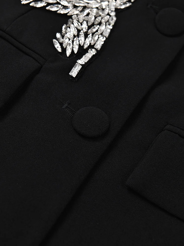 Women's Suits Blazers EAM Women Black Rhinestone Flower Big Size Blazer Lapel Long Sleeve Loose Fit Jacket Fashion Spring Autumn 1DF7614 231010