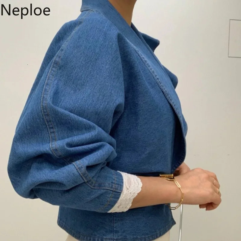 Women's Jackets Neploe Fall Women Clothing Cropped Denim Jacket Vintage Turn-down Collar Puff Sleeve Ruffles Crop Tops Korean Jean Coat 231010