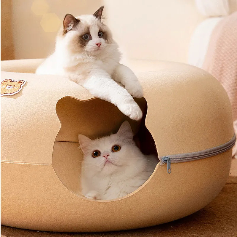 Cat Beds Furniture Cute Cartoon Shaped Interactive Toy for Cats House Felt Tunnel Cave Beds Removable Donut with Zipper Nest Basket Kitten Supplies 23