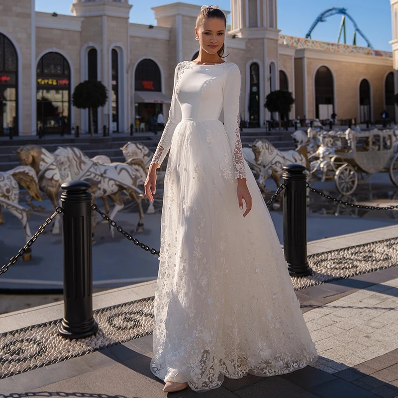 A Line O Neck Wedding Dress Long Sleeve Lace Appliques Modern Satin Bride Gown Button Floor Length Vestidos De Novia