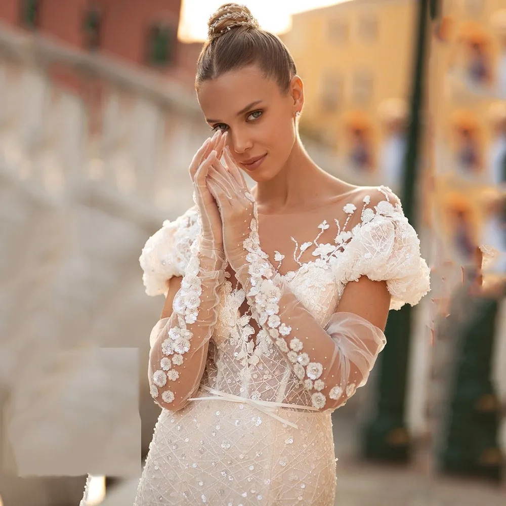 Short Sleeve V-Neck Mermaid Wedding Dress Sparkle Lace Appliques Luxury Bride Gown Button Train Vestido De Novia