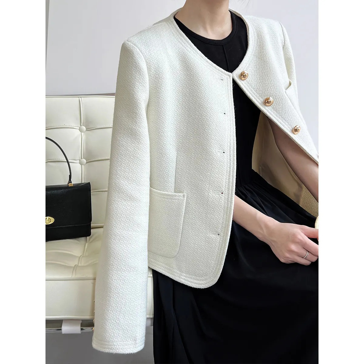 Womens Jackets Solid Metal Button Black Tweed Jacket Coat Korean Style Simple Outwear Chic Top 231010