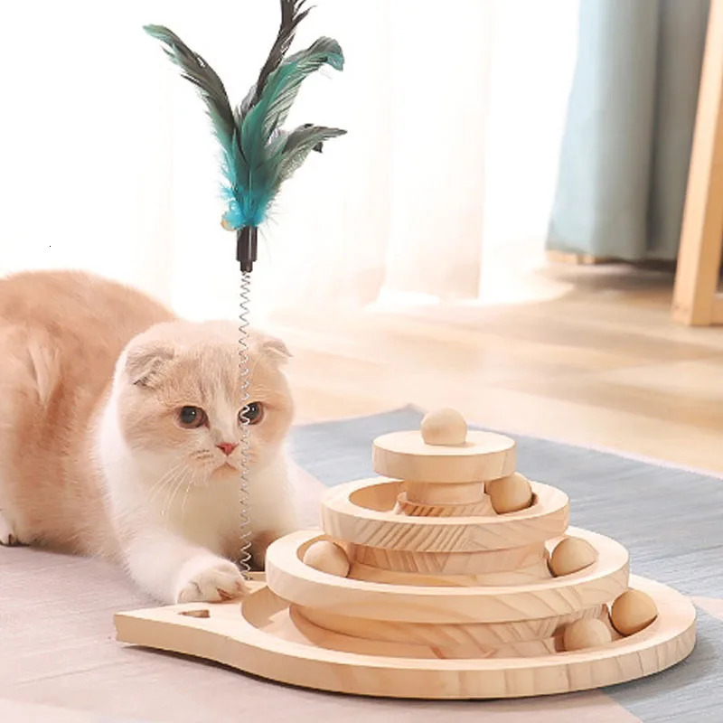 Cat Toys Wooden 2/3 Levels Pet cat Toy Tower Tracks Disc cat Intelligence Amusement Triple Play Disc Cat toys ball Training Toys 231011
