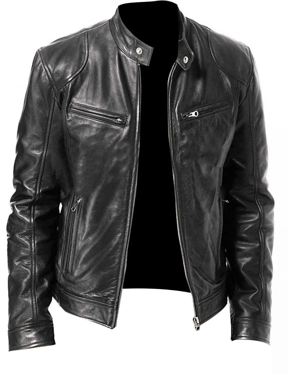 Men's Leather Faux Leather Fashion Mens Leather Jacket Slim Fit Stand Collar PU Jacket Male Anti-wind Motorcycle Lapel Diagonal Zipper Jackets Me