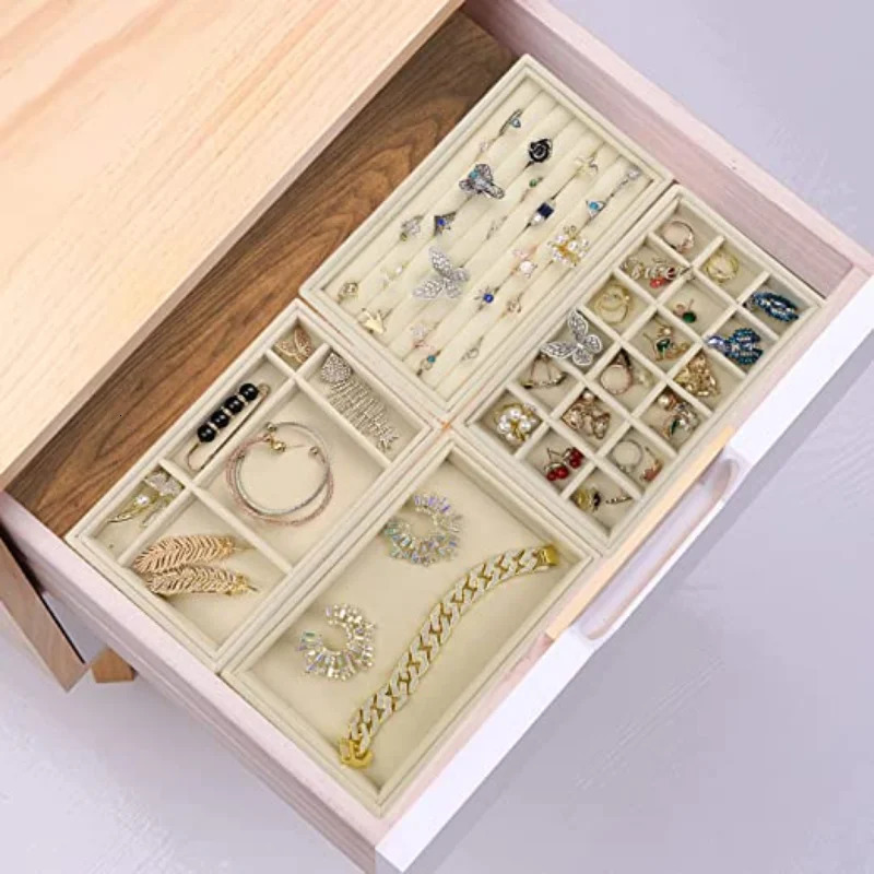 Jewelry Boxes Velvet Tray Storage Drawer Small Stackable Beige Organizer Insert Durable Display Earring Ring Case 231011