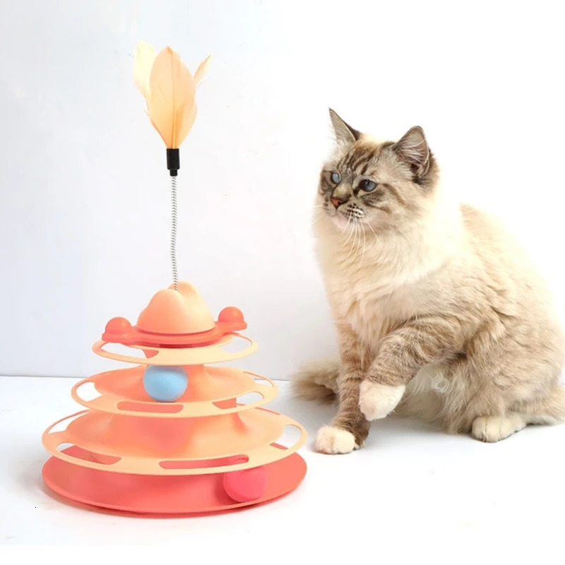 Cat Toys Cat Feather Toy Kitten Roller Track Balls Cats Tower Toy Balls Interactive Cats Toy Indoor Turntable Toy for Boredom Cat 231011