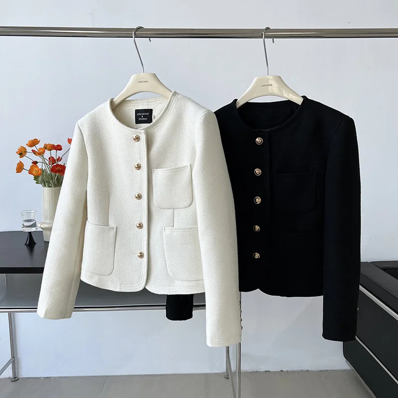 Womens Jackets Solid Metal Button Black Tweed Jacket Coat Korean Style Simple Outwear Chic Top 231010